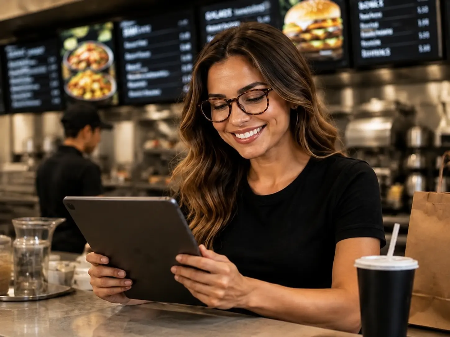 Restaurant operator using QSRSoft on a tablet